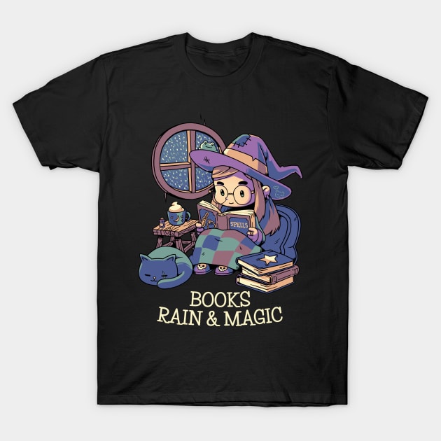 Books Rain & Magic // Spooky Halloween Fall Witch T-Shirt by Geekydog